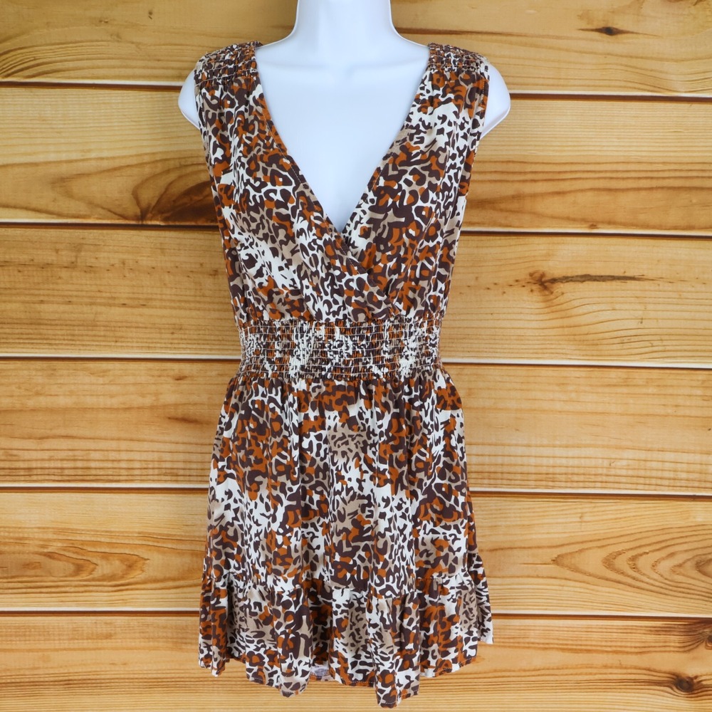 Forcynthia Beachwear Short Linen Dress Womens M Brown Animal Print Smocked Waist